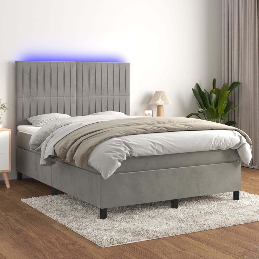 vidaXL Κρεβάτι Boxspring με Στρώμα & LED Αν.Γκρι 140x200 εκ. Βελούδινο