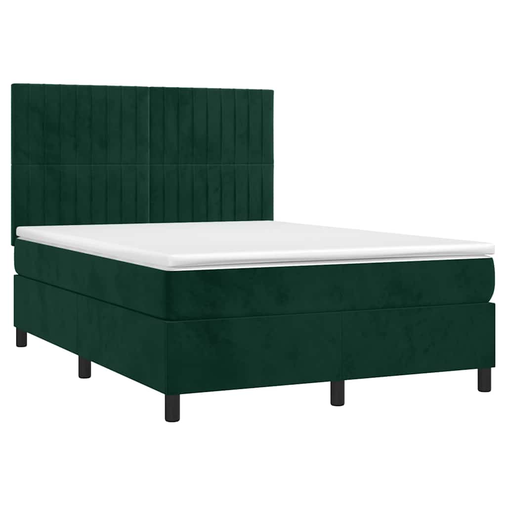 vidaXL Κρεβάτι Boxspring με Στρώμα & LED Σκ. Πράσινο 140x200εκ Βελούδο