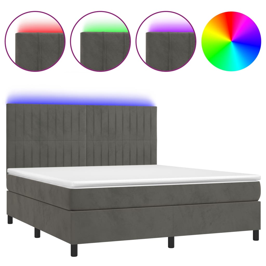 vidaXL Κρεβάτι Boxspring με Στρώμα & LED Σκ. Γκρι 160x200εκ. Βελούδινο