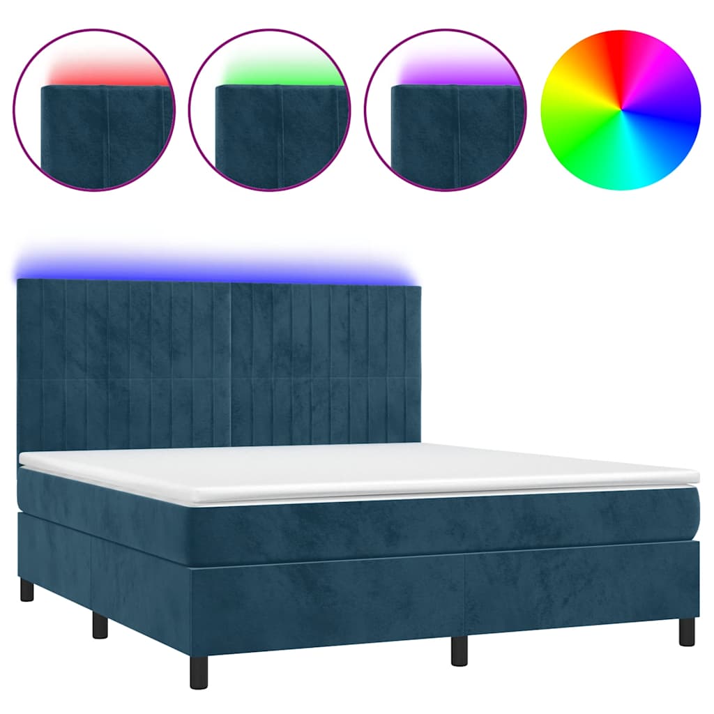 vidaXL Κρεβάτι Boxspring με Στρώμα & LED Σκ. Μπλε 180x200εκ. Βελούδινο