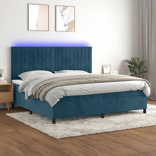 vidaXL Κρεβάτι Boxspring με Στρώμα & LED Σκ. Μπλε 200x200εκ. Βελούδινο