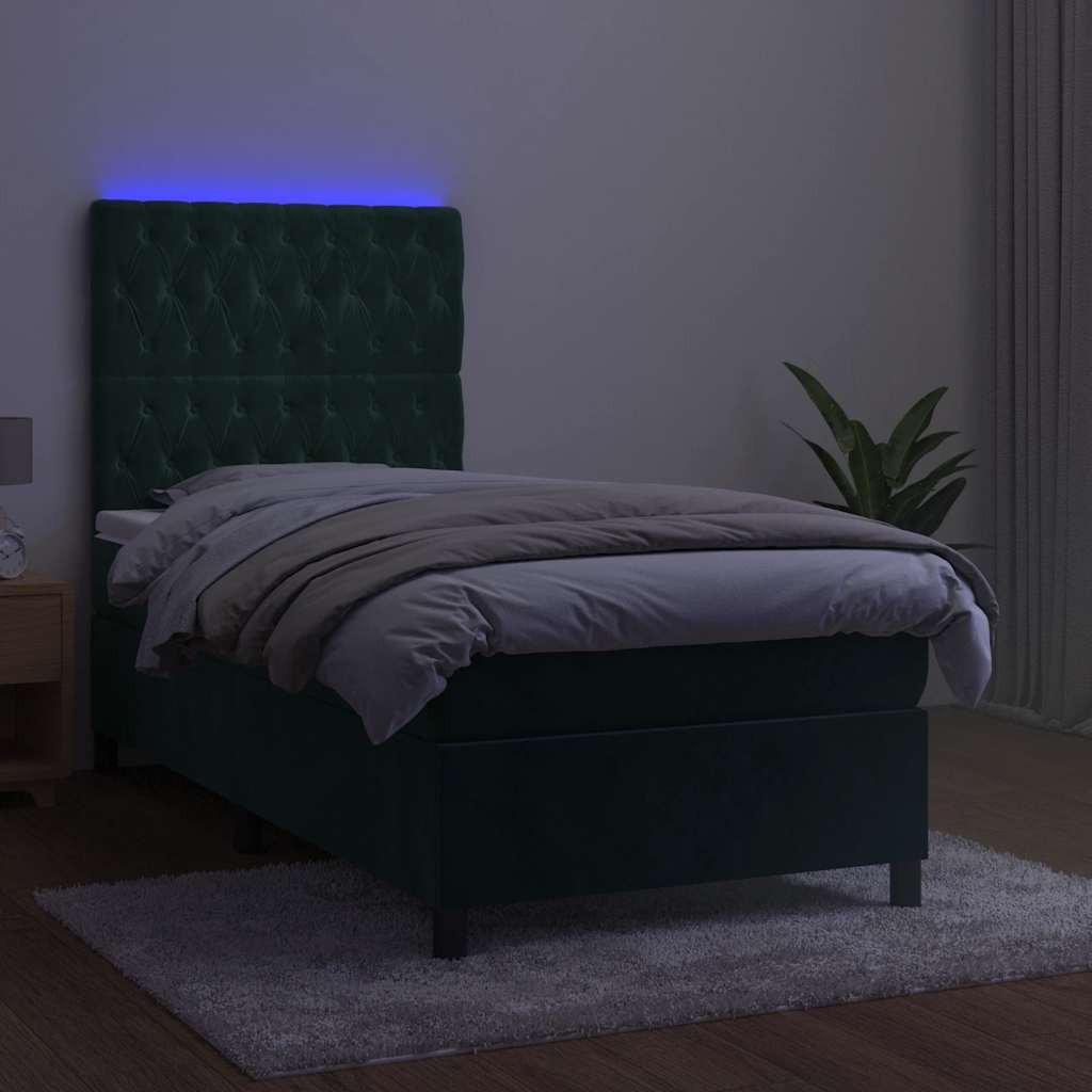 vidaXL Κρεβάτι Boxspring με Στρώμα & LED Σκ. Πράσινο 80x200 εκ Βελούδο