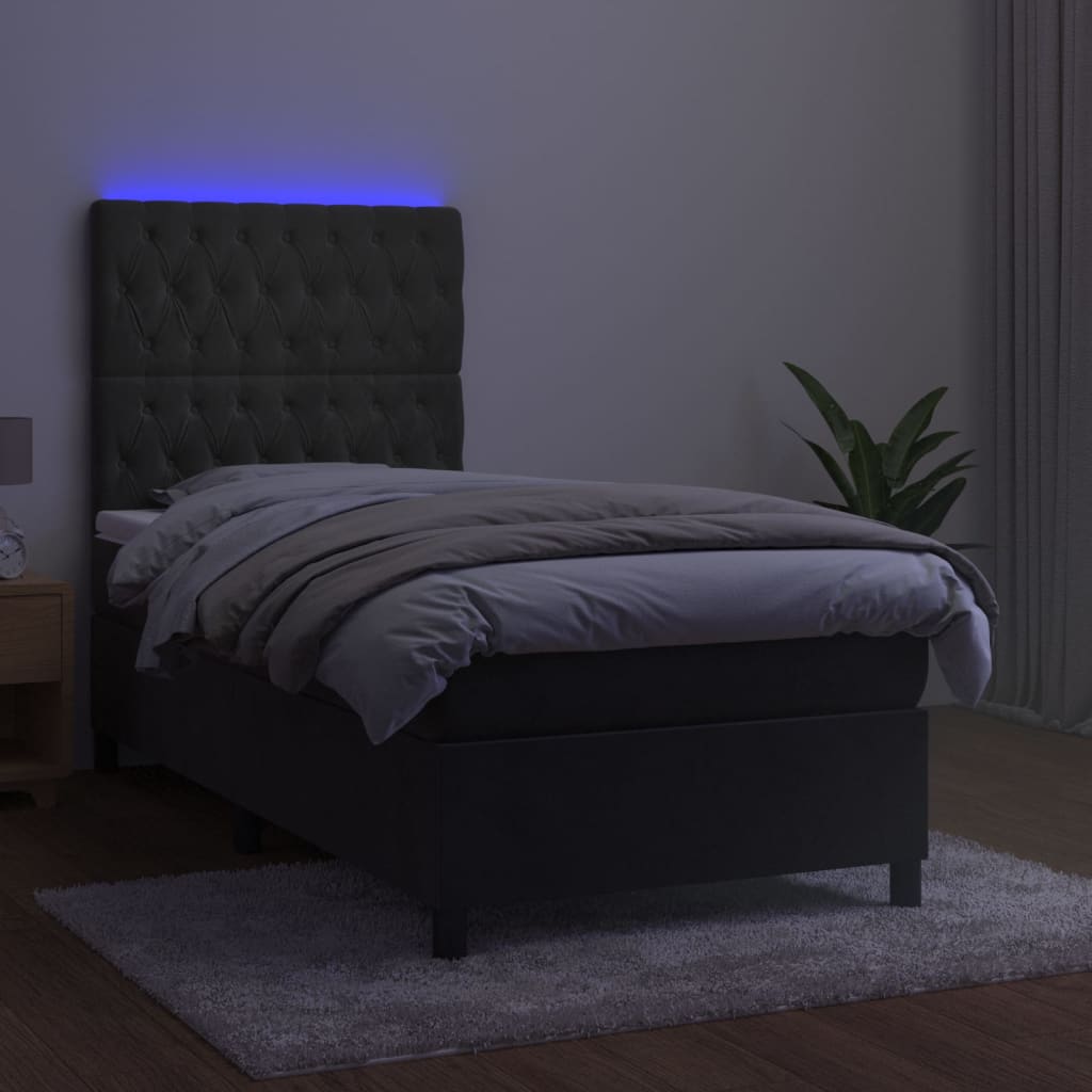 vidaXL Κρεβάτι Boxspring με Στρώμα & LED Σκ. Γκρι 90x200 εκ. Βελούδινο