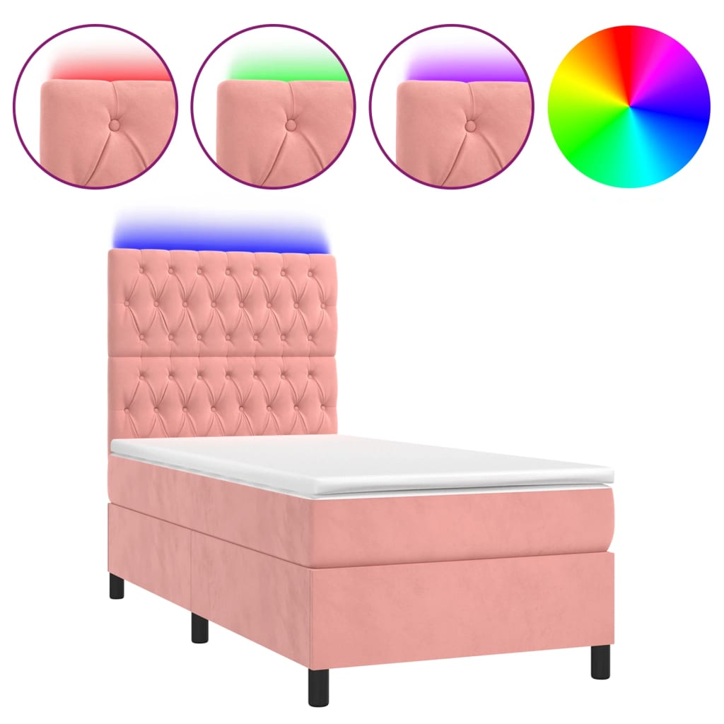 vidaXL Κρεβάτι Boxspring με Στρώμα & LED Ροζ 90x200 εκ. Βελούδινο