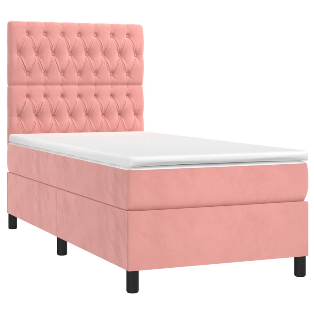 vidaXL Κρεβάτι Boxspring με Στρώμα & LED Ροζ 90x200 εκ. Βελούδινο