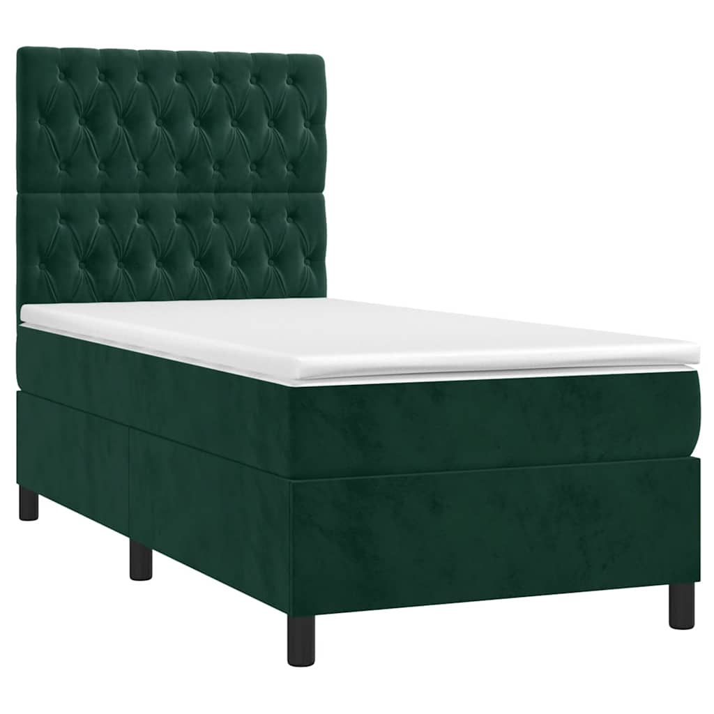 vidaXL Κρεβάτι Boxspring με Στρώμα & LED Σκ. Πράσινο 100x200εκ Βελούδο