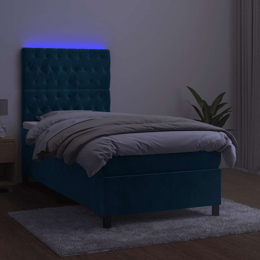 vidaXL Κρεβάτι Boxspring με Στρώμα & LED Σκ. Μπλε 100x200εκ. Βελούδινο