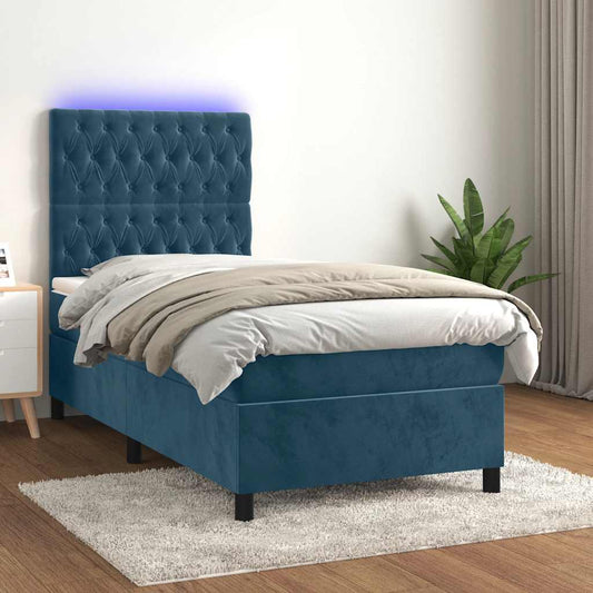 vidaXL Κρεβάτι Boxspring με Στρώμα & LED Σκ. Μπλε 100x200εκ. Βελούδινο