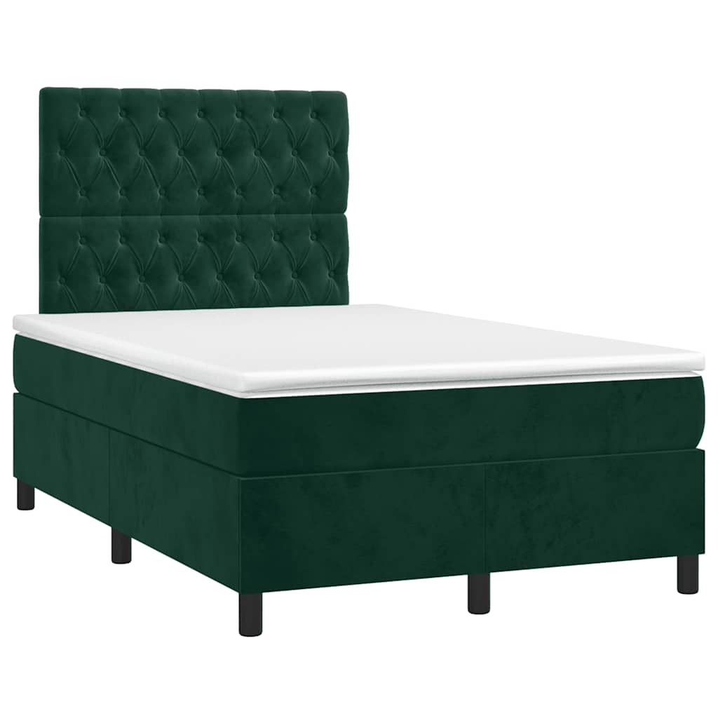 vidaXL Κρεβάτι Boxspring με Στρώμα & LED Σκ. Πράσινο 120x200εκ Βελούδο