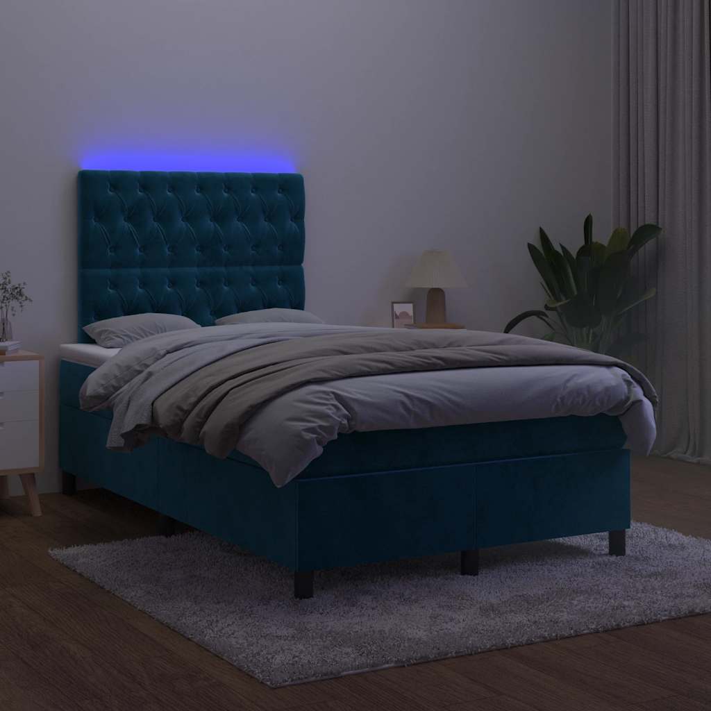 vidaXL Κρεβάτι Boxspring με Στρώμα & LED Σκ. Μπλε 120x200εκ. Βελούδινο