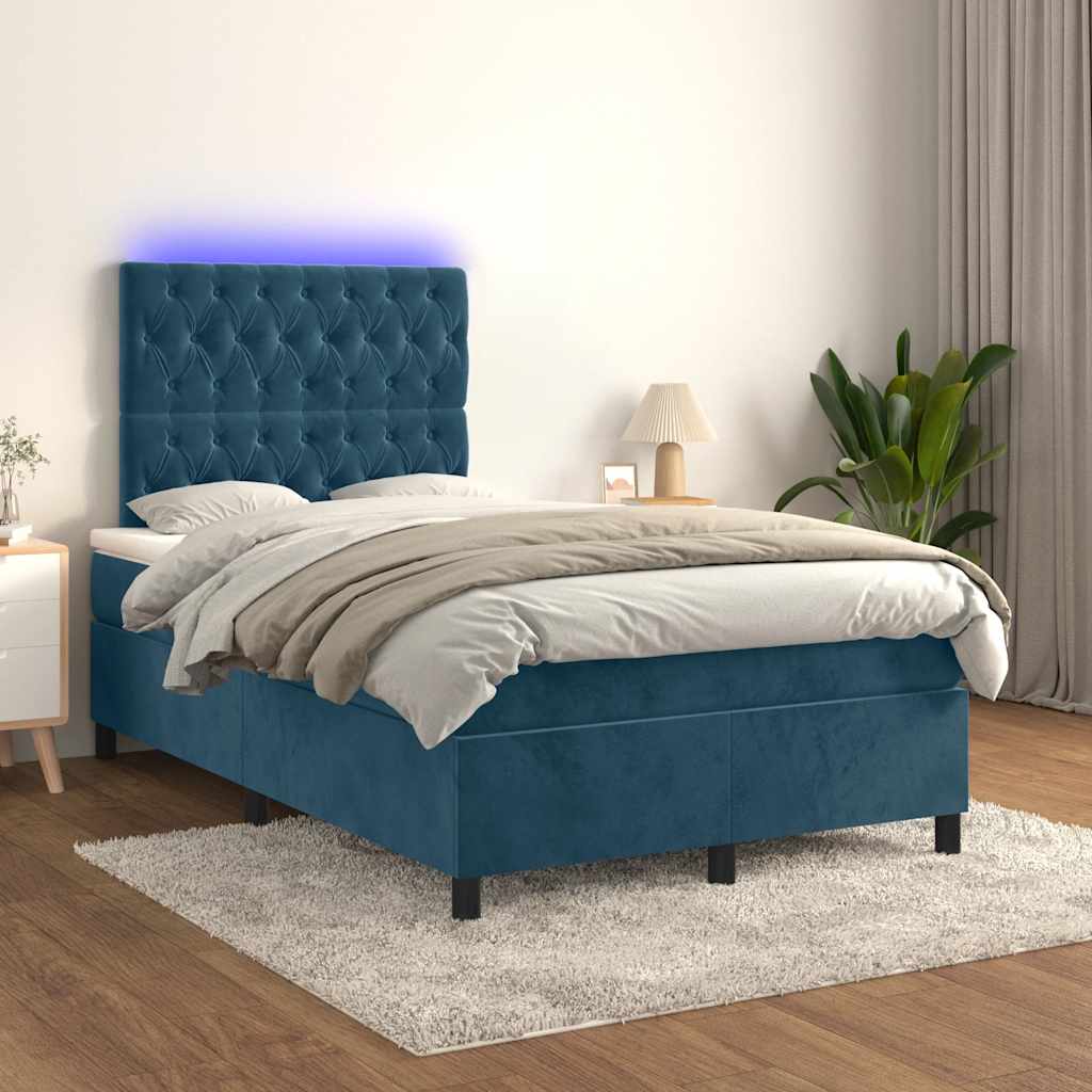 vidaXL Κρεβάτι Boxspring με Στρώμα & LED Σκ. Μπλε 120x200εκ. Βελούδινο