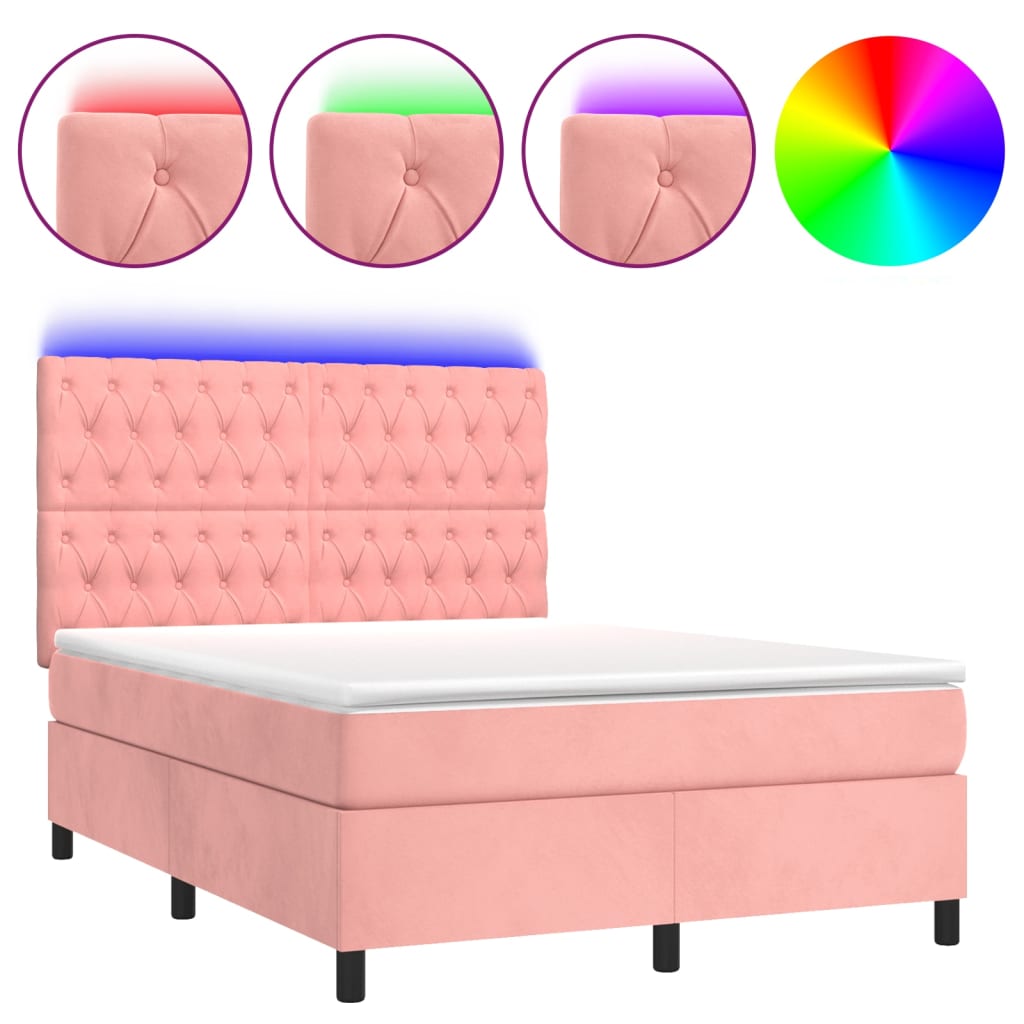 vidaXL Κρεβάτι Boxspring με Στρώμα & LED Ροζ 140x190 εκ. Βελούδινο