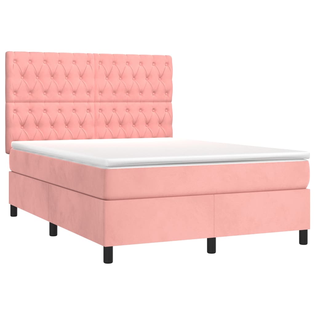 vidaXL Κρεβάτι Boxspring με Στρώμα & LED Ροζ 140x190 εκ. Βελούδινο