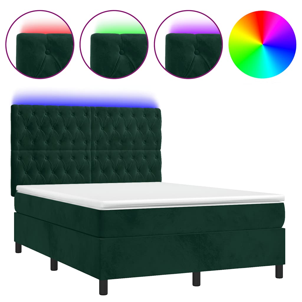 vidaXL Κρεβάτι Boxspring με Στρώμα & LED Σκ. Πράσινο 140x200εκ Βελούδο