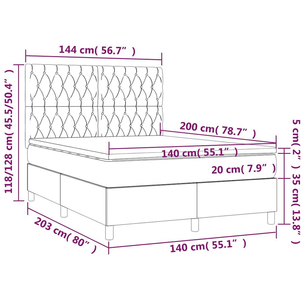 vidaXL Κρεβάτι Boxspring με Στρώμα & LED Σκ. Μπλε 140x200εκ. Βελούδινο