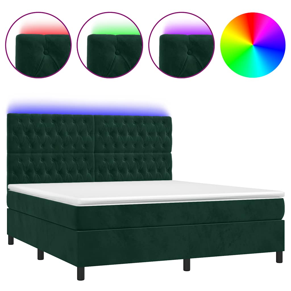 vidaXL Κρεβάτι Boxspring με Στρώμα & LED Σκ. Πράσινο 160x200εκ Βελούδο