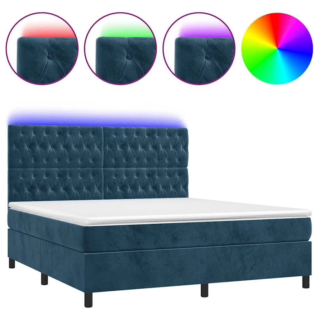 vidaXL Κρεβάτι Boxspring με Στρώμα & LED Σκ. Μπλε 160x200εκ. Βελούδινο