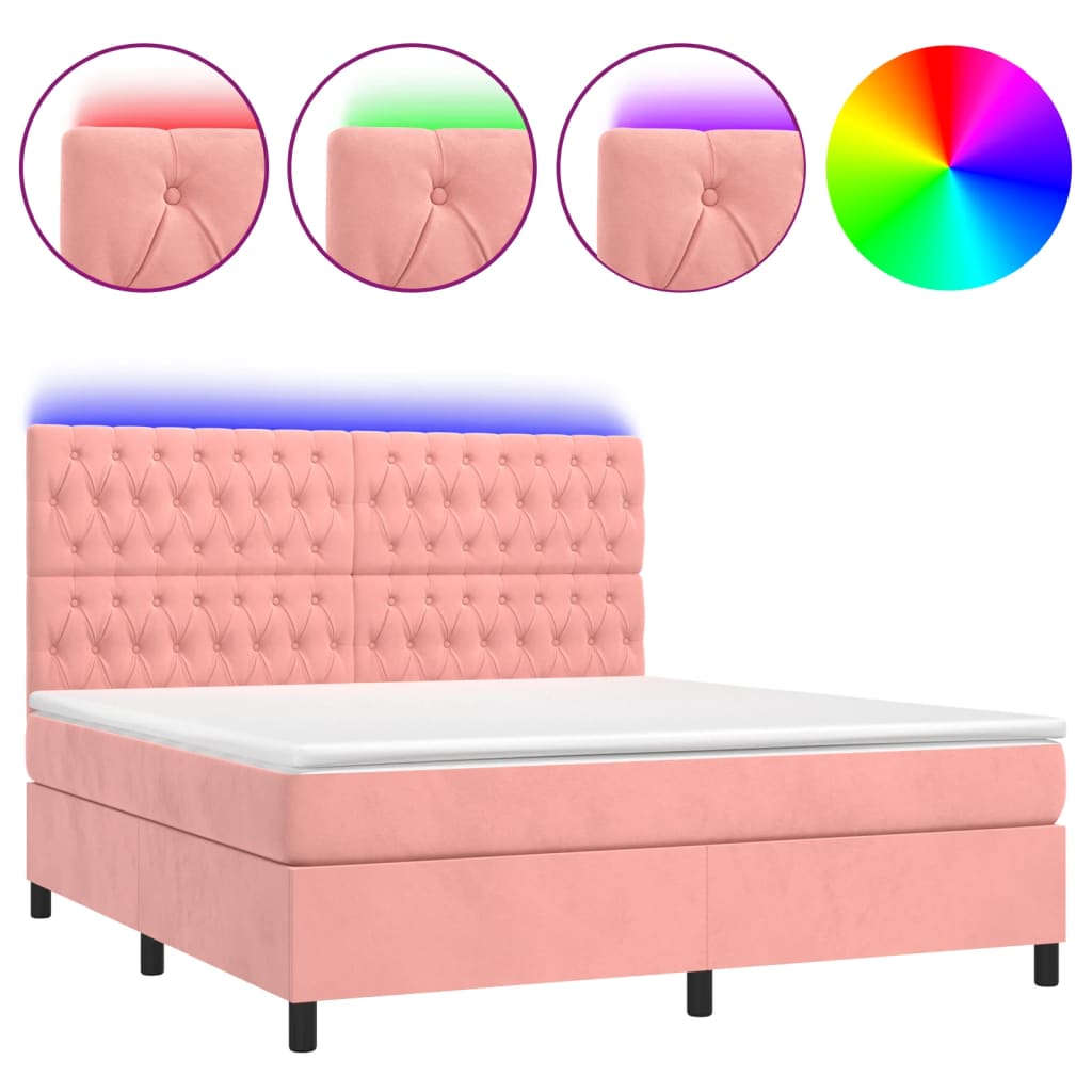 vidaXL Κρεβάτι Boxspring με Στρώμα & LED Ροζ 160x200 εκ. Βελούδινο