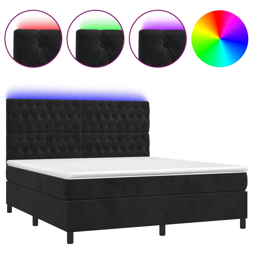 vidaXL Κρεβάτι Boxspring με Στρώμα & LED Μαύρο 180x200 εκ. Βελούδινο
