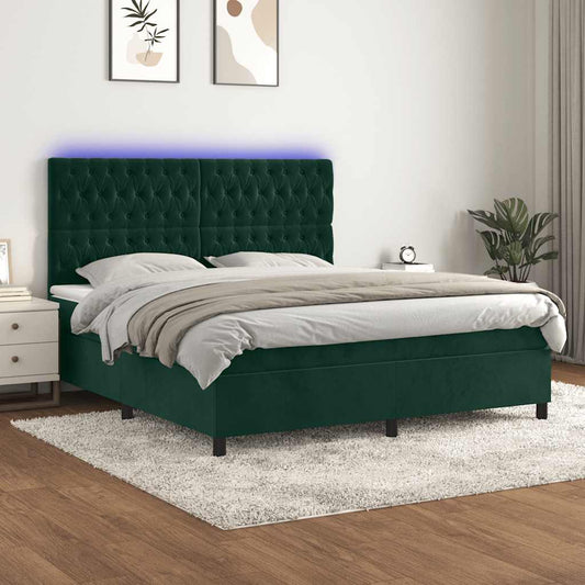 vidaXL Κρεβάτι Boxspring με Στρώμα & LED Σκ. Πράσινο 180x200εκ Βελούδο