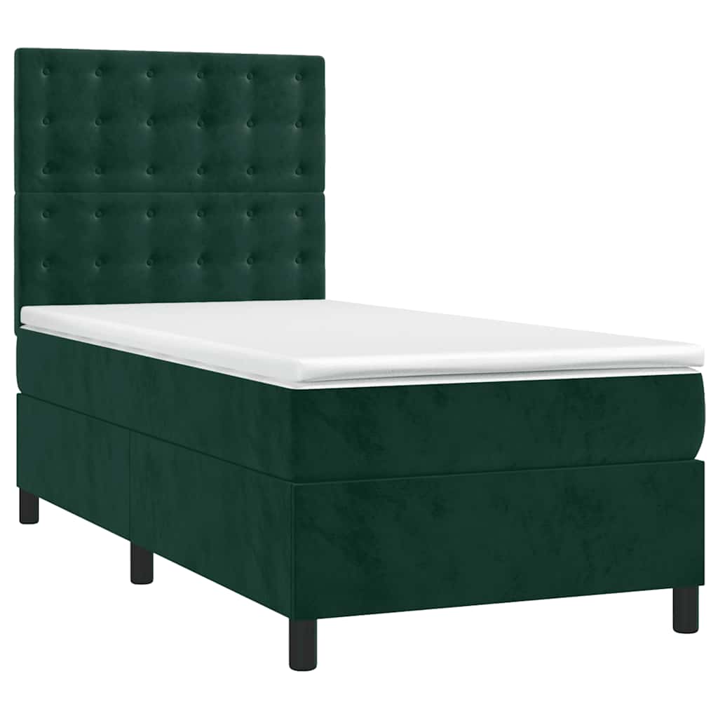 vidaXL Κρεβάτι Boxspring με Στρώμα & LED Σκ. Πράσινο 90x190 εκ Βελούδο