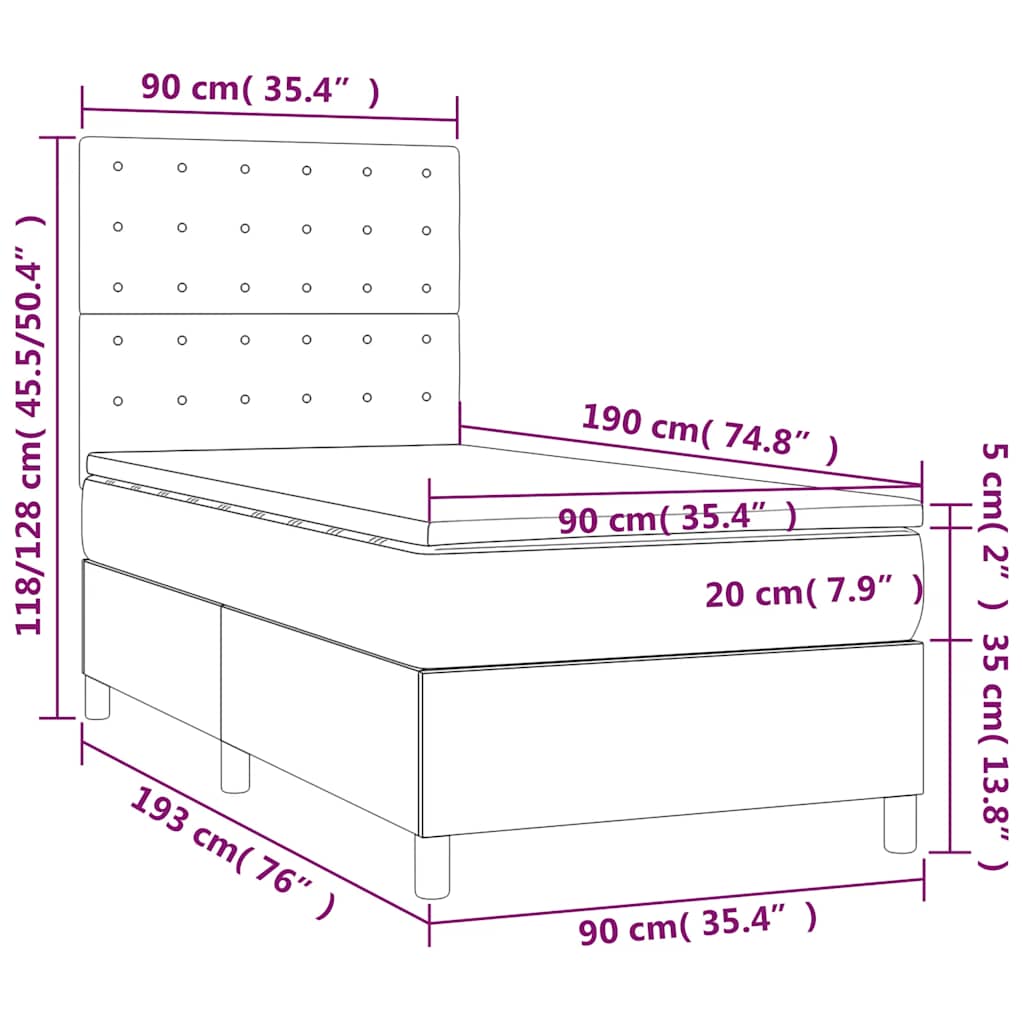 vidaXL Κρεβάτι Boxspring με Στρώμα & LED Σκ. Μπλε 90x190 εκ. Βελούδινο