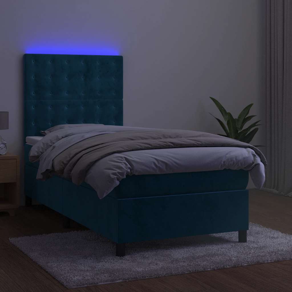 vidaXL Κρεβάτι Boxspring με Στρώμα & LED Σκ. Μπλε 90x200 εκ. Βελούδινο