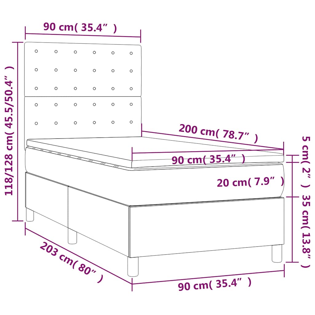 vidaXL Κρεβάτι Boxspring με Στρώμα & LED Σκ. Μπλε 90x200 εκ. Βελούδινο