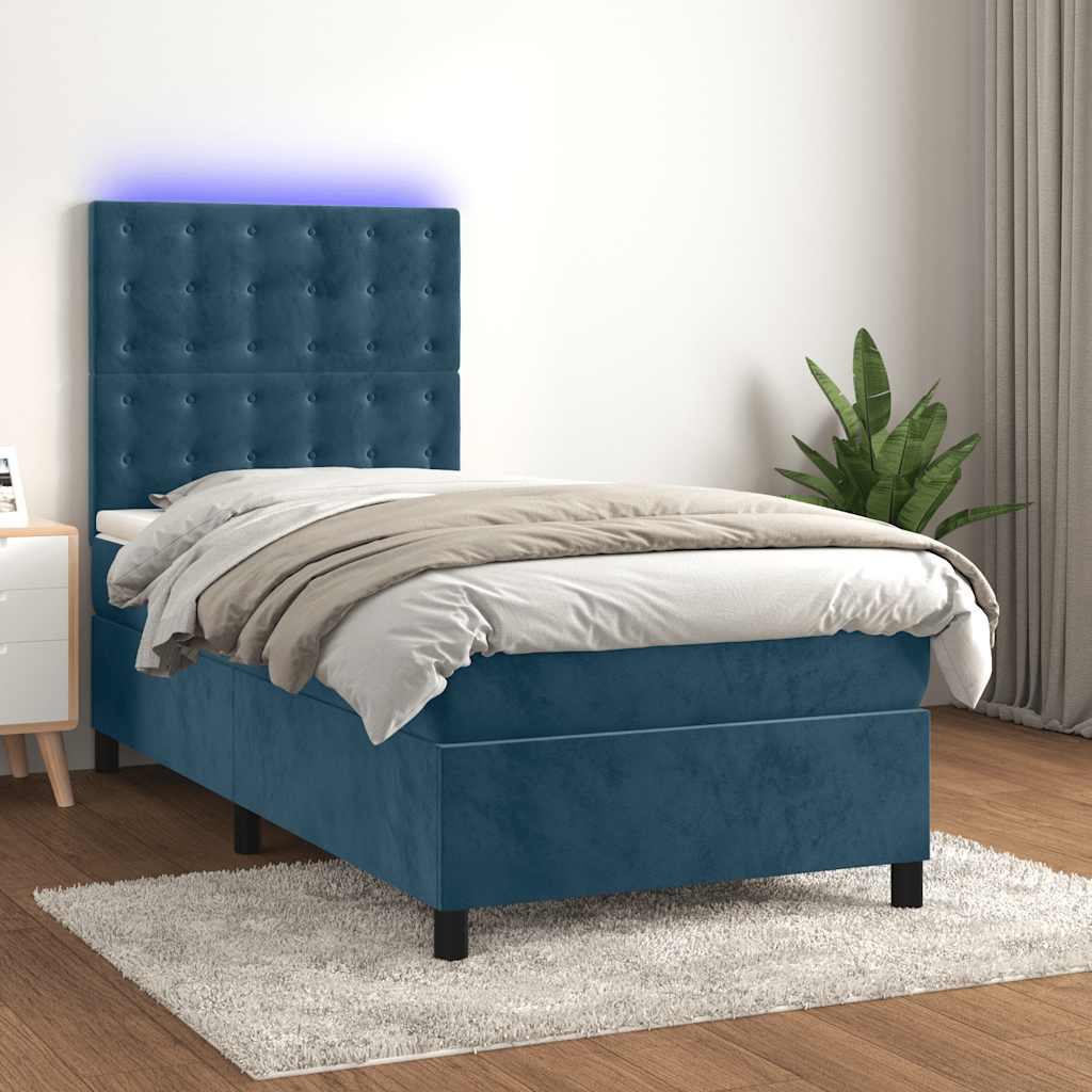 vidaXL Κρεβάτι Boxspring με Στρώμα & LED Σκ. Μπλε 90x200 εκ. Βελούδινο