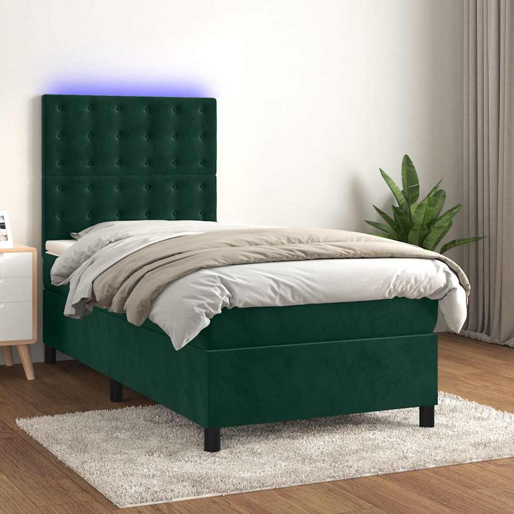 vidaXL Κρεβάτι Boxspring με Στρώμα & LED Σκ. Πράσινο 100x200εκ Βελούδο