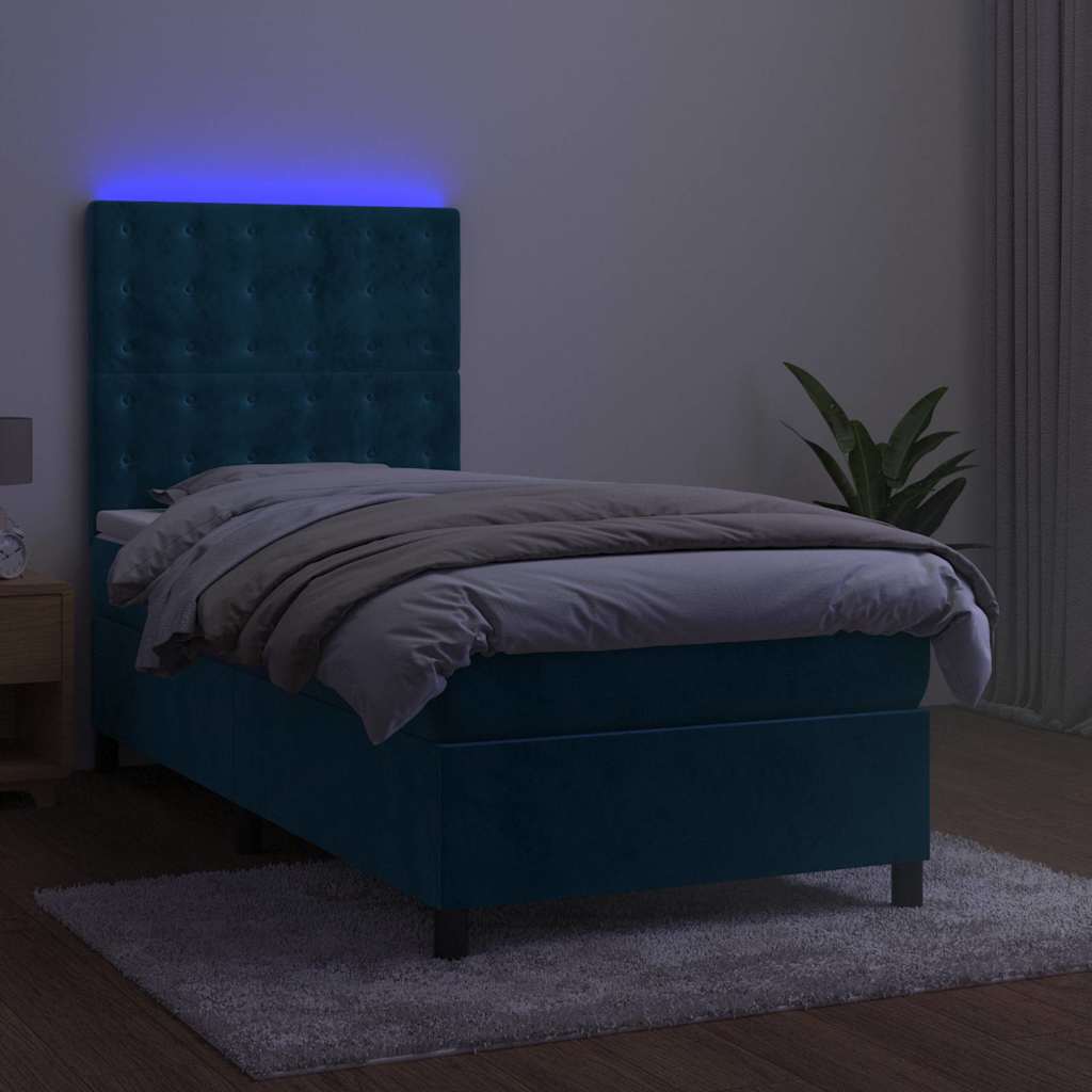 vidaXL Κρεβάτι Boxspring με Στρώμα & LED Σκ. Μπλε 100x200εκ. Βελούδινο