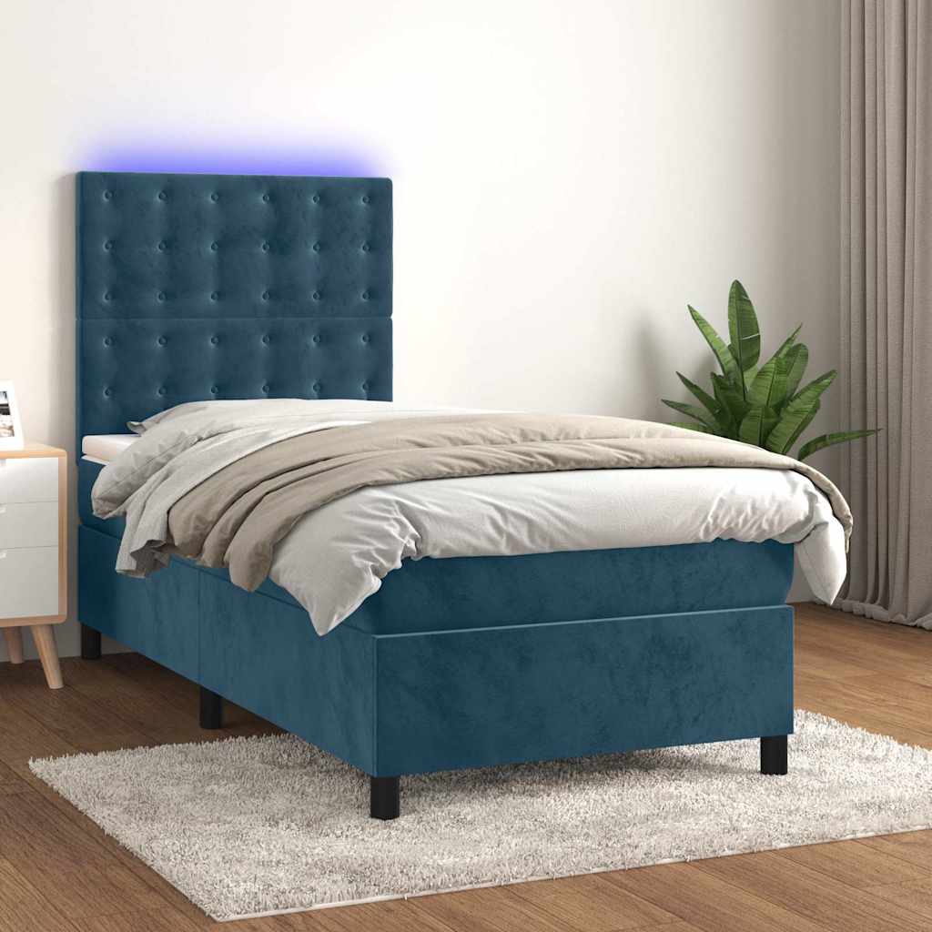 vidaXL Κρεβάτι Boxspring με Στρώμα & LED Σκ. Μπλε 100x200εκ. Βελούδινο