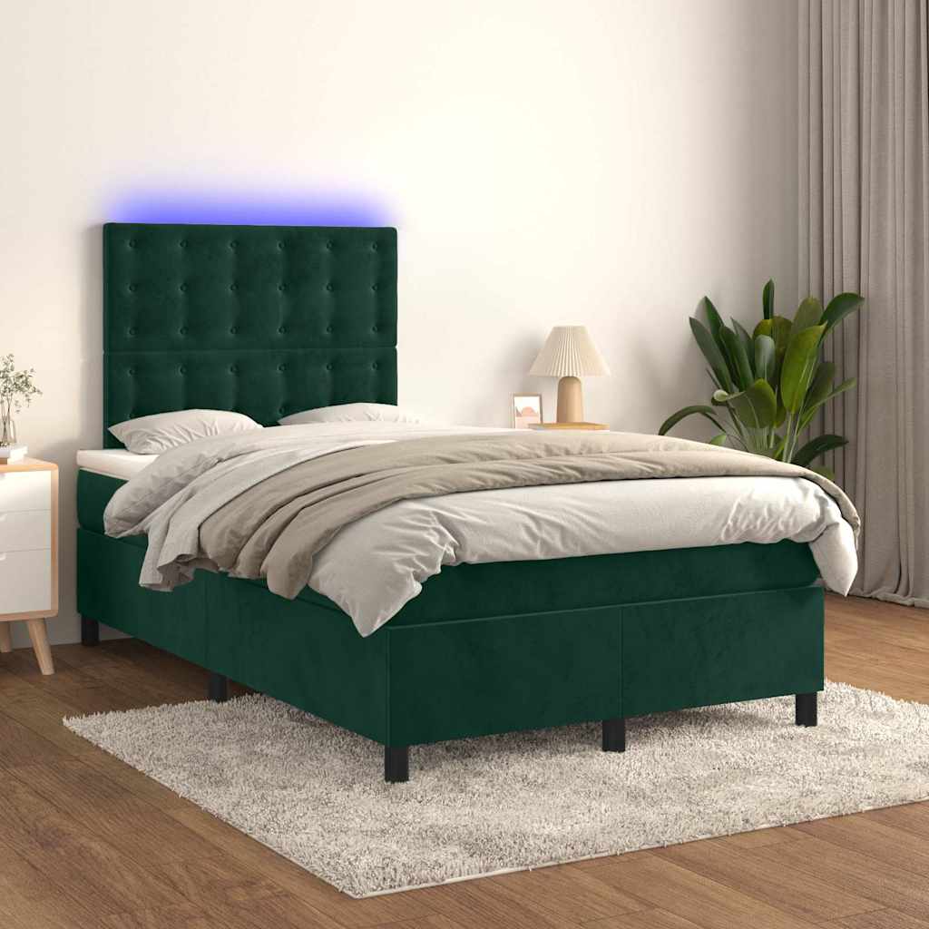 vidaXL Κρεβάτι Boxspring με Στρώμα & LED Σκ. Πράσινο 120x200εκ Βελούδο