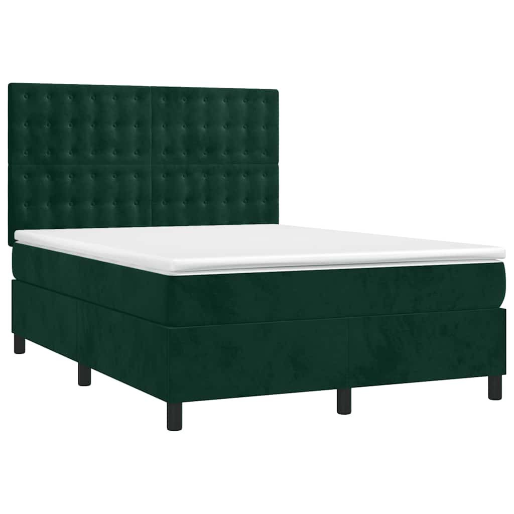 vidaXL Κρεβάτι Boxspring με Στρώμα & LED Σκ. Πράσινο 140x190εκ Βελούδο