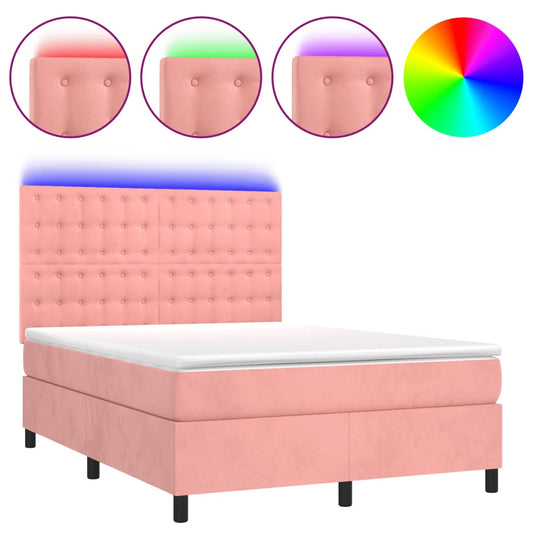 vidaXL Κρεβάτι Boxspring με Στρώμα & LED Ροζ 140x190 εκ. Βελούδινο