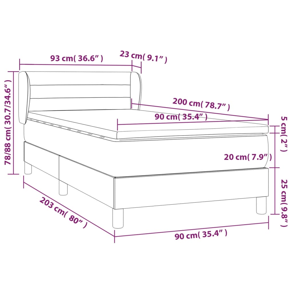 vidaXL Κρεβάτι Boxspring με Στρώμα Σκούρο Γκρι 90x200 εκ. Υφασμάτινο
