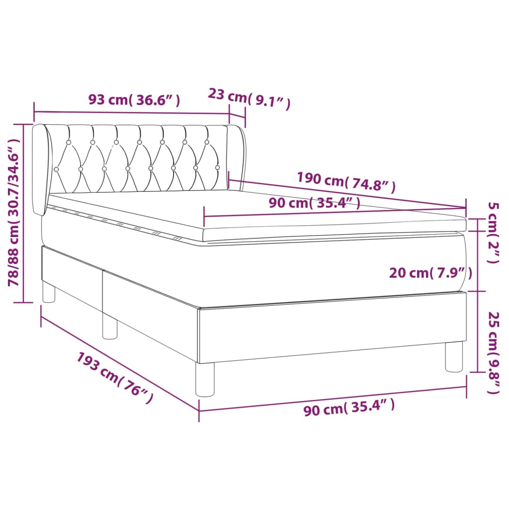 vidaXL Κρεβάτι Boxspring με Στρώμα Ανοιχτό Γκρι 90x190 εκ. Υφασμάτινο