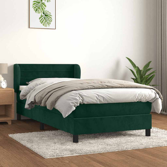 vidaXL Κρεβάτι Boxspring με Στρώμα Σκούρο Πράσινο 90x200 εκ. Βελούδινο