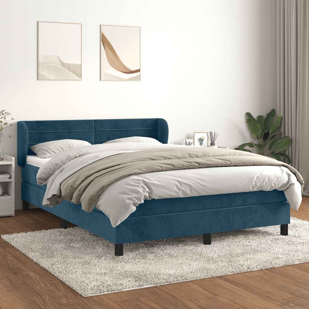 vidaXL Κρεβάτι Boxspring με Στρώμα Σκούρο Μπλε 140x190 εκ. Βελούδινο