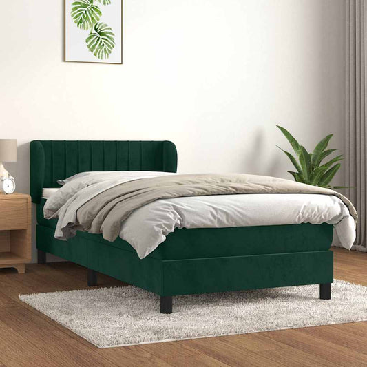 vidaXL Κρεβάτι Boxspring με Στρώμα Σκούρο Πράσινο 90x200 εκ. Βελούδινο