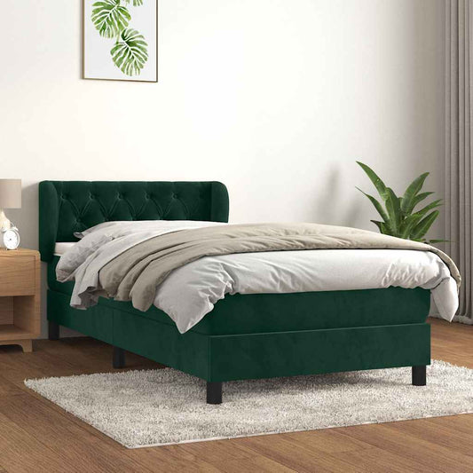 vidaXL Κρεβάτι Boxspring με Στρώμα Σκούρο Πράσινο 90x200 εκ. Βελούδινο