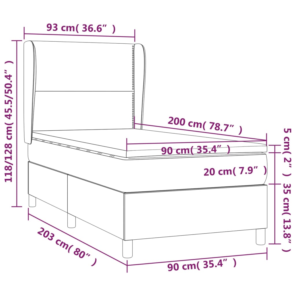 vidaXL Κρεβάτι Boxspring με Στρώμα Σκούρο Γκρι 90x200 εκ. Βελούδινο