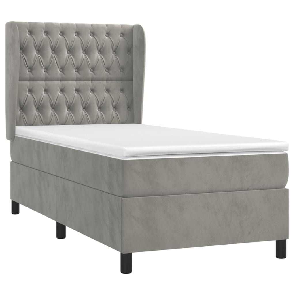 vidaXL Κρεβάτι Boxspring με Στρώμα Ανοιχτό Γκρι 90x190 εκ. Βελούδινο