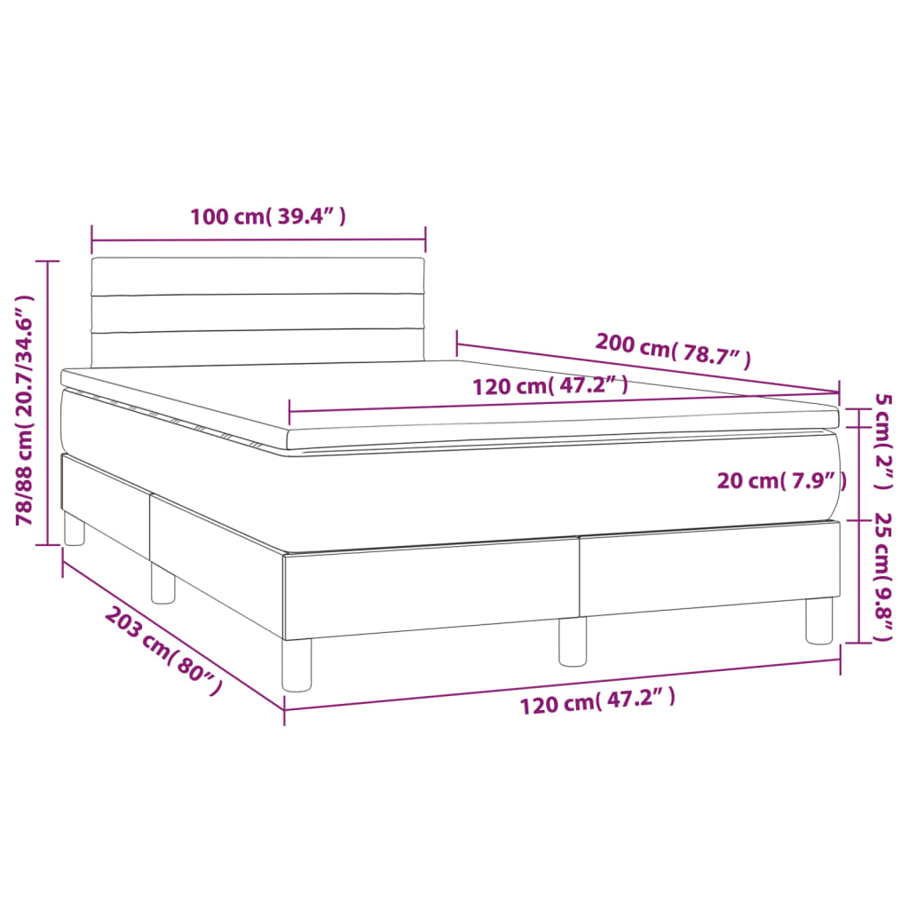 vidaXL Κρεβάτι Boxspring με Στρώμα Σκούρο Γκρι 120x200 εκ. Υφασμάτινο
