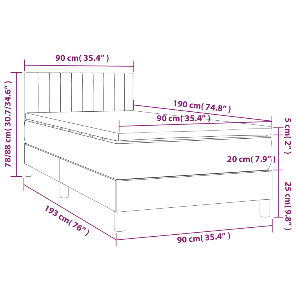 vidaXL Κρεβάτι Boxspring με Στρώμα Σκούρο Γκρι 90x190 εκ. Υφασμάτινο