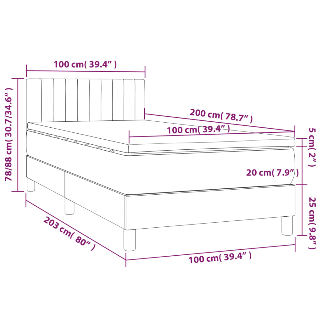 vidaXL Κρεβάτι Boxspring με Στρώμα Σκούρο Γκρι 100x200 εκ. Υφασμάτινο