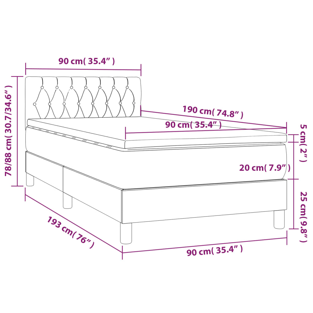 vidaXL Κρεβάτι Boxspring με Στρώμα Σκούρο Γκρι 90x190 εκ. Υφασμάτινο