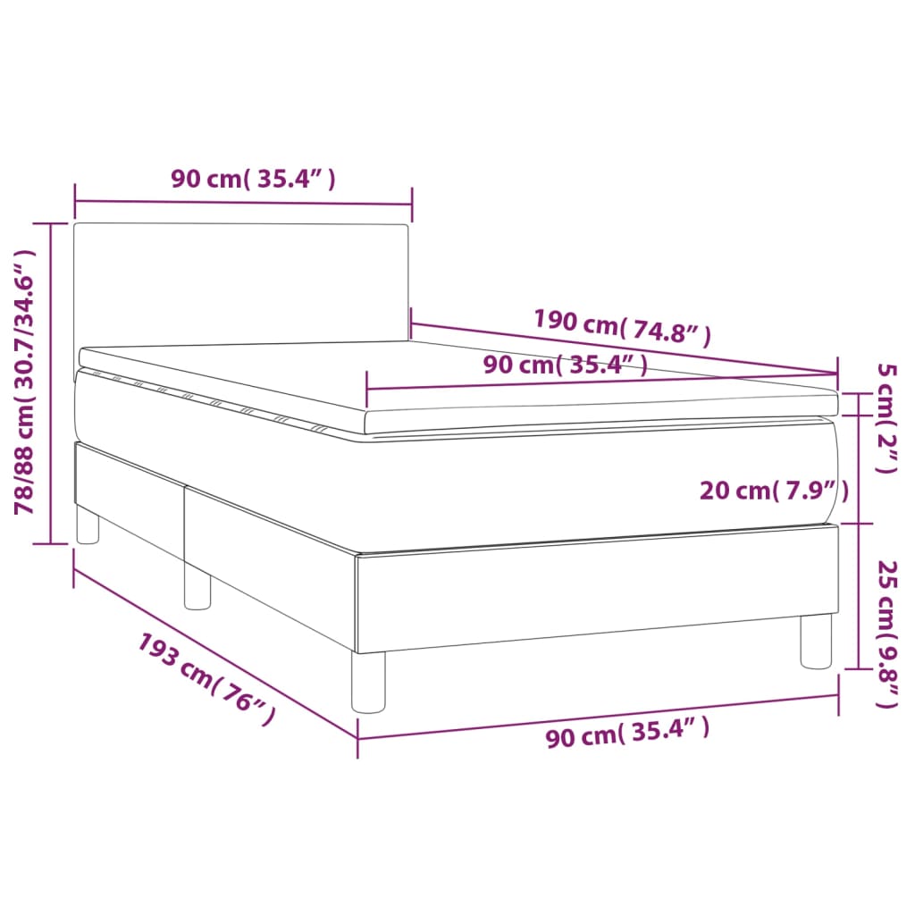 vidaXL Κρεβάτι Boxspring με Στρώμα Σκούρο Γκρι 90x190 εκ. Βελούδινο
