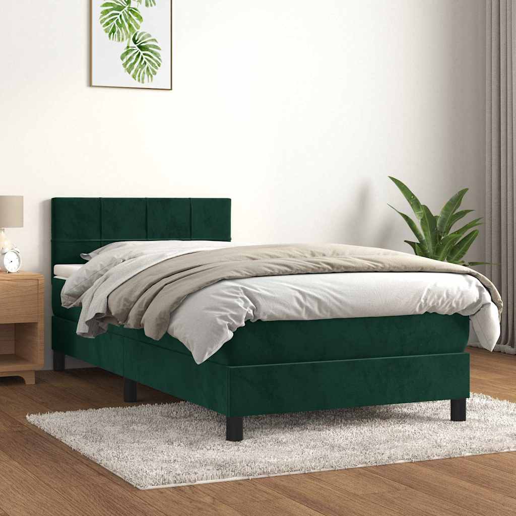 vidaXL Κρεβάτι Boxspring με Στρώμα Σκούρο Πράσινο 90x200 εκ. Βελούδινο