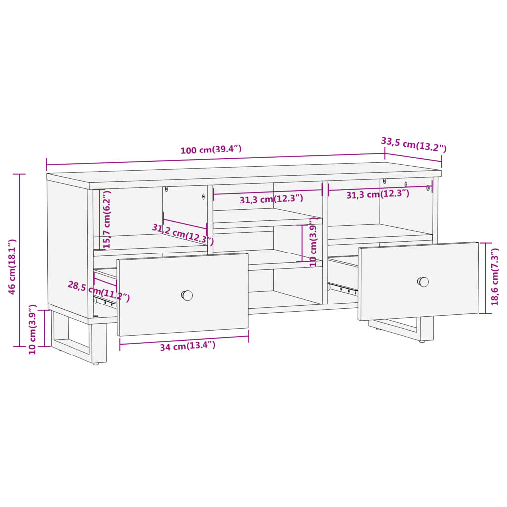 vidaXL Έπιπλο Τηλεόρασης Καφέ/Μαύρο 100x33,5x46 εκ. Μασίφ Ξύλο Μάνγκο